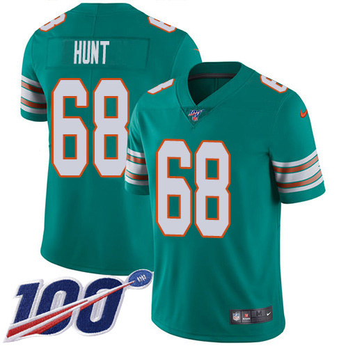 Miami Dolphins 68 Robert Hunt Aqua Green Alternate Men Stitched NFL 100th Season Vapor Untouchable Limited Jersey